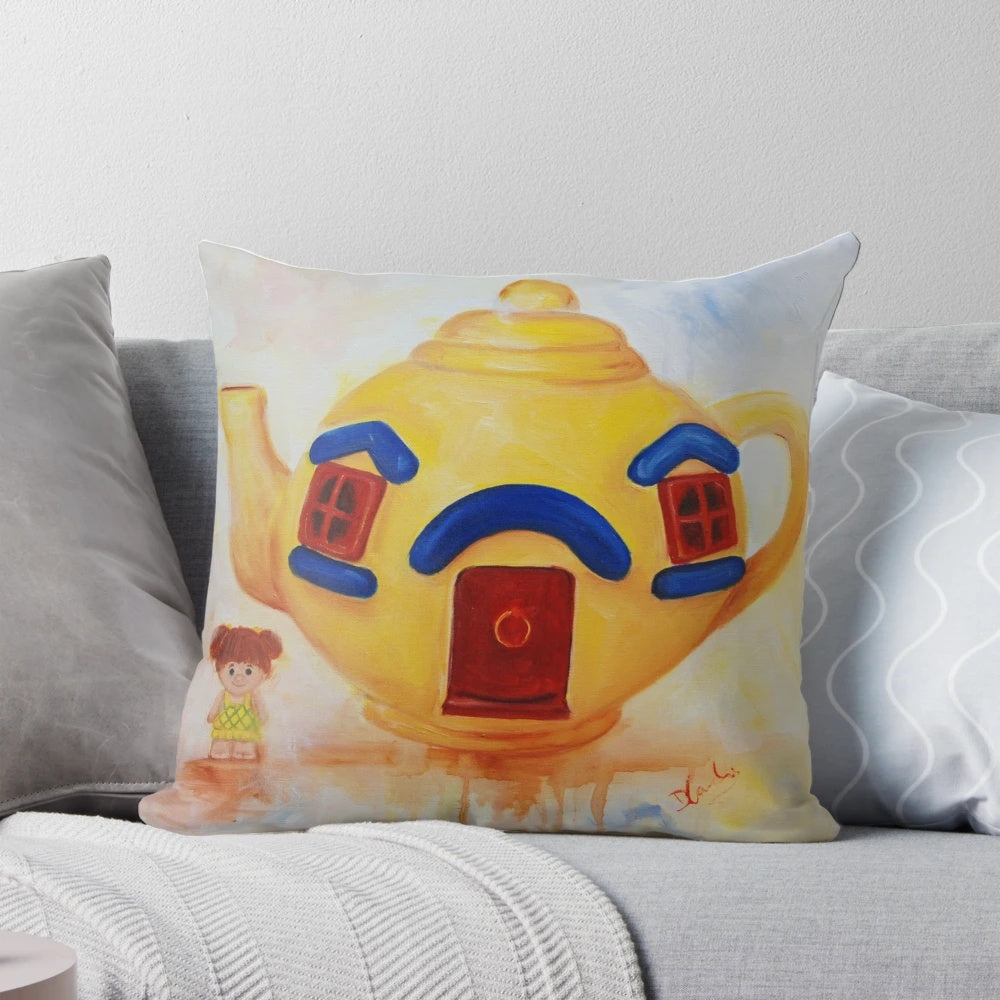 Vintage yellow teapot painting on a decorative pillow
