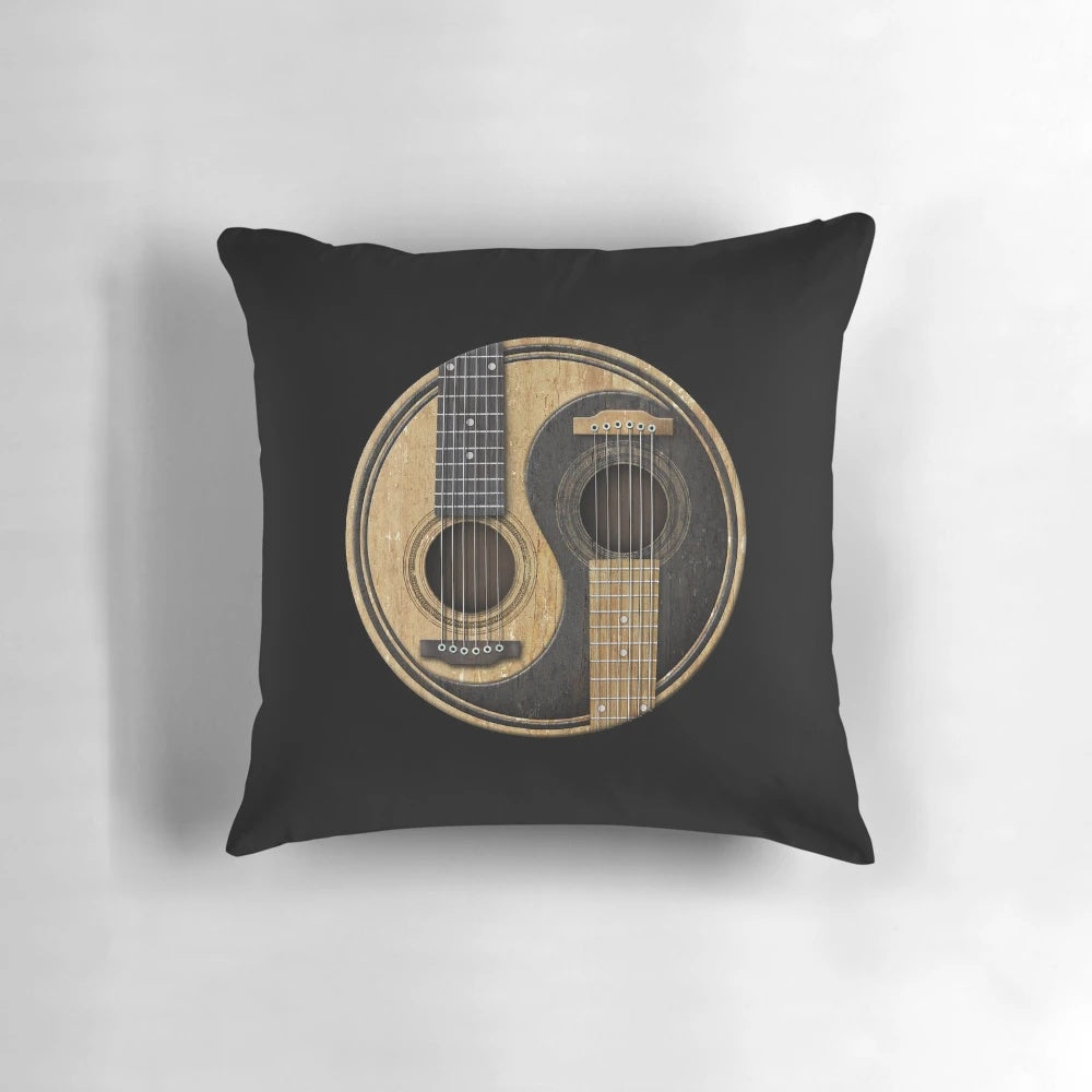 Vintage-style Yin Yang acoustic guitar graphic on a soft, comfortable pillow for music lovers and guitarists.