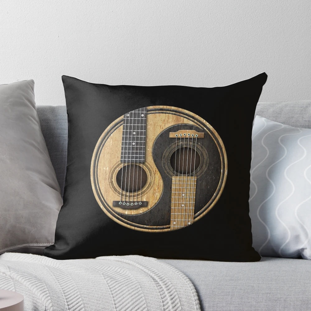 Vintage-style Yin Yang acoustic guitar graphic on a soft, comfortable pillow for music lovers and guitarists.