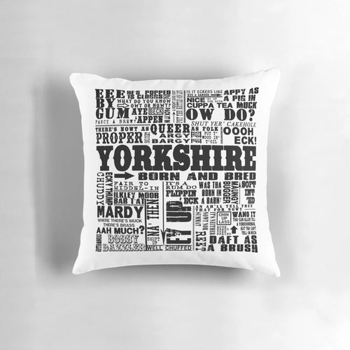 "Vintage Yorkshire Sayings Pillow with Humorous Word Art Design"