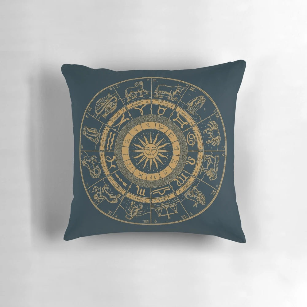 Vintage zodiac and astrology chart printed on a royal blue and gold pillow