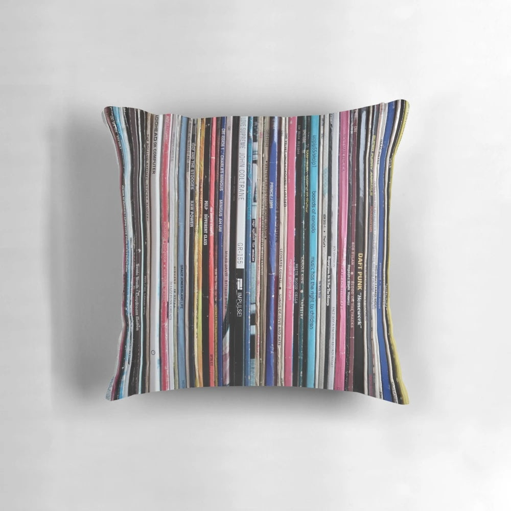 Vinyl LP music albums pillow featuring album covers and genres like indie, jazz, electronic, and metal