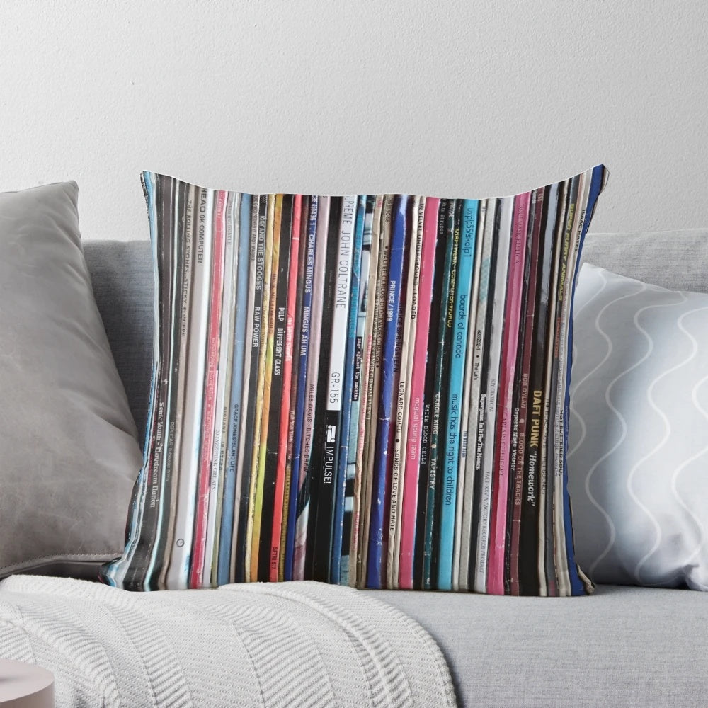 Vinyl LP music albums pillow featuring album covers and genres like indie, jazz, electronic, and metal