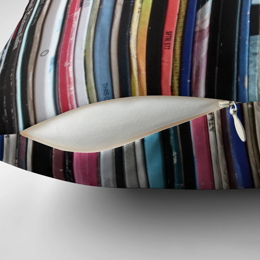 Vinyl LP music albums pillow featuring album covers and genres like indie, jazz, electronic, and metal