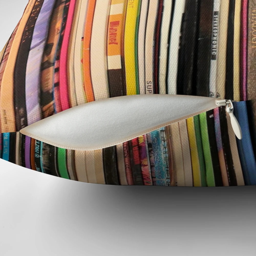 A cozy, stylish pillow featuring a design of vintage vinyl records, perfect for record collectors and music enthusiasts.