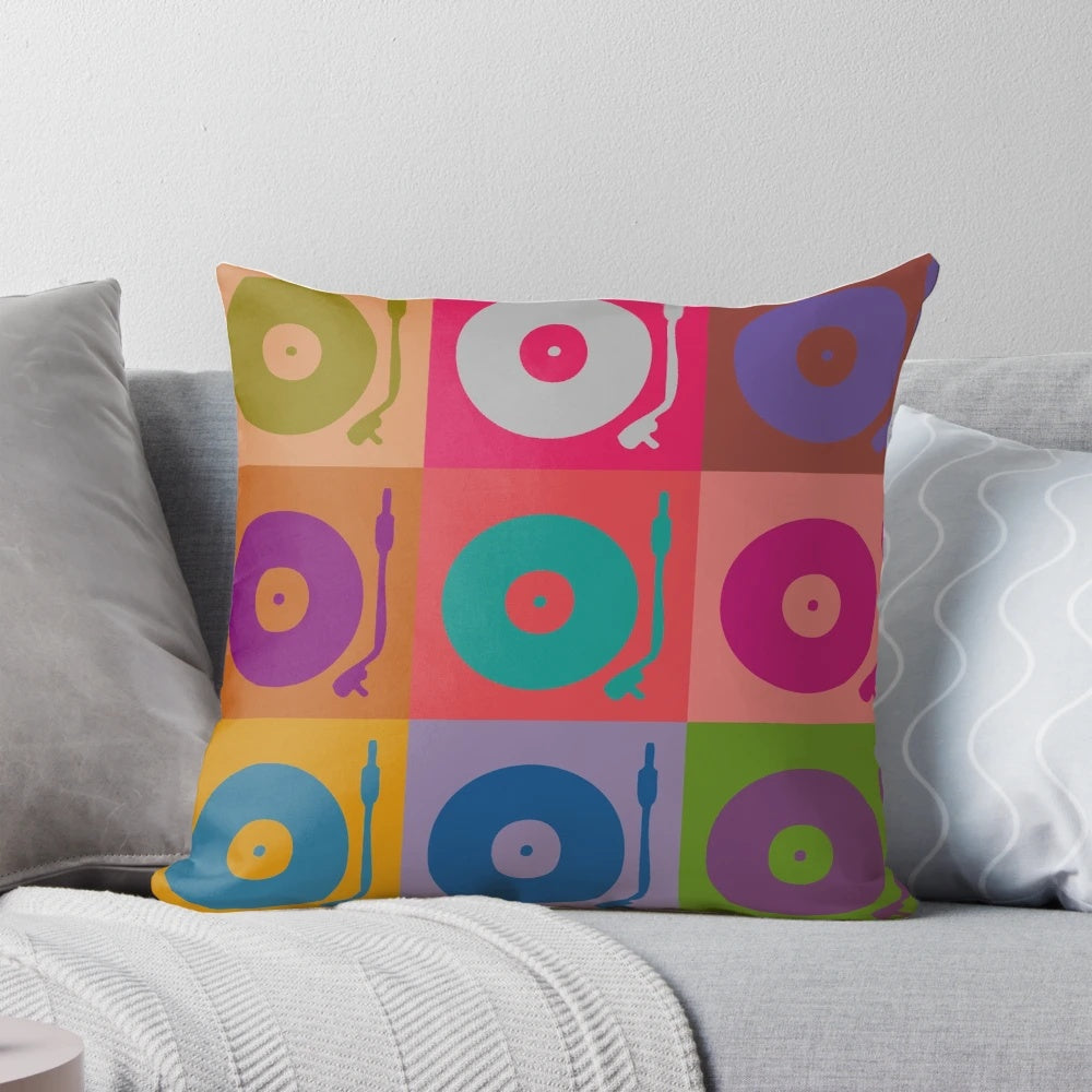 Vinyl record pop art design on a decorative throw pillow