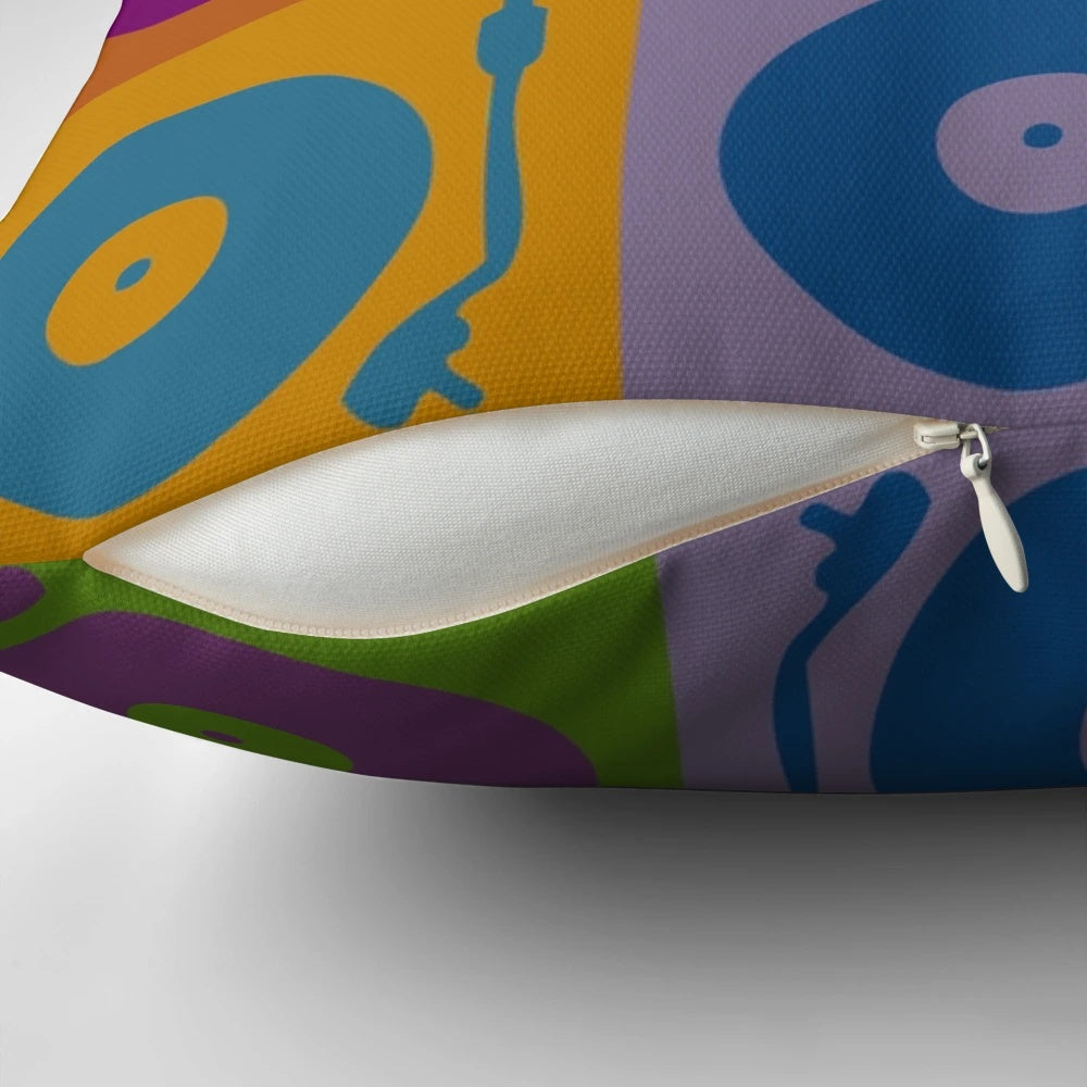 Vinyl record pop art design on a decorative throw pillow