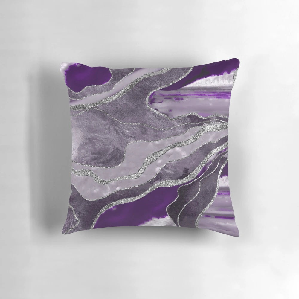 Dark violet marble agate decorative pillow with a glittery, abstract design