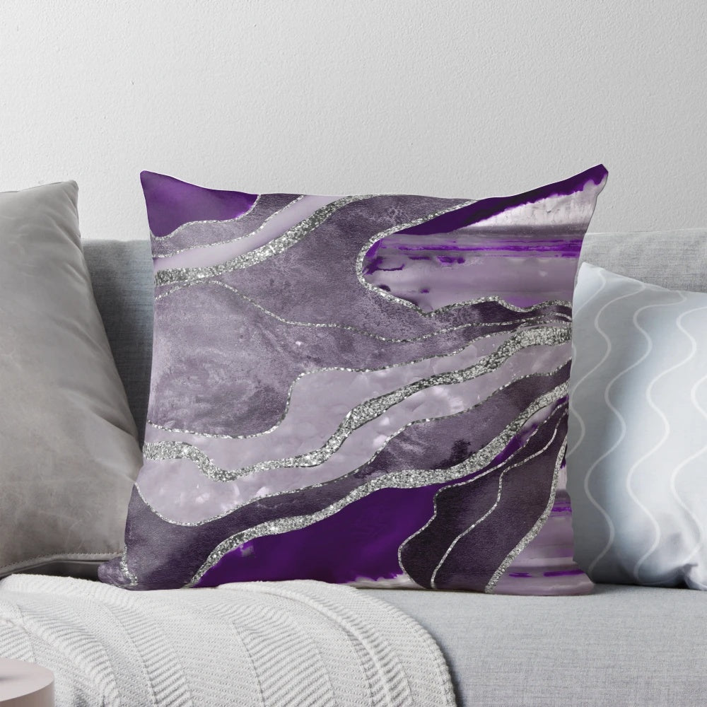 Dark violet marble agate decorative pillow with a glittery, abstract design