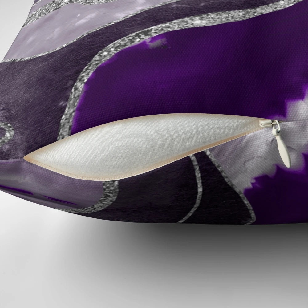 Dark violet marble agate decorative pillow with a glittery, abstract design