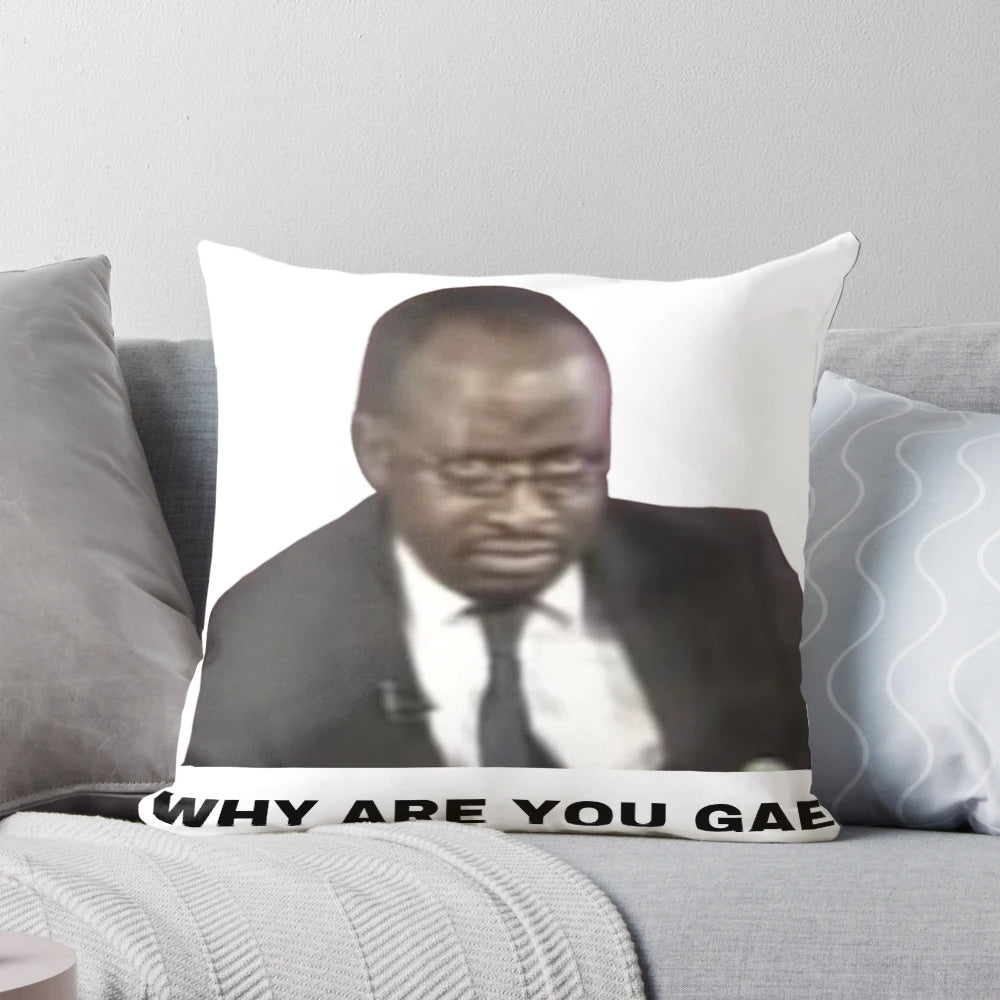 Vibrant pillow featuring the iconic "Why are you Gae" meme from the Uganda gay rights interview, a viral internet sensation.