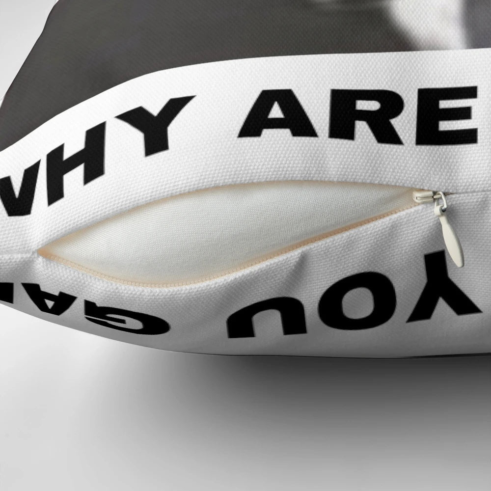 Vibrant pillow featuring the iconic "Why are you Gae" meme from the Uganda gay rights interview, a viral internet sensation.
