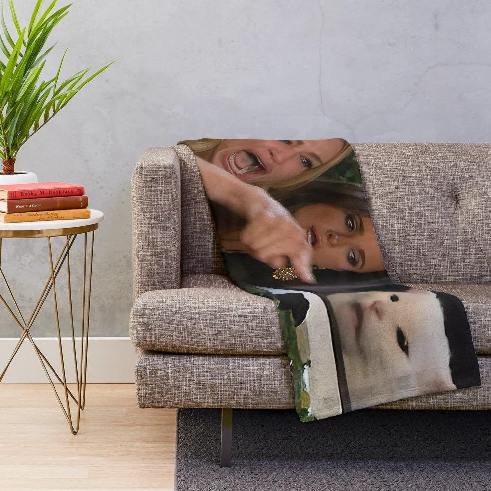 Woman yelling at a cat plush blanket