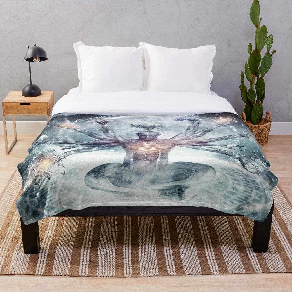 Cozy plush blanket featuring a dreamcatcher design in psychedelic colors
