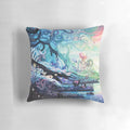 Vibrant and colorful pillow featuring a dreamy landscape with fantasy animals and nature elements.
