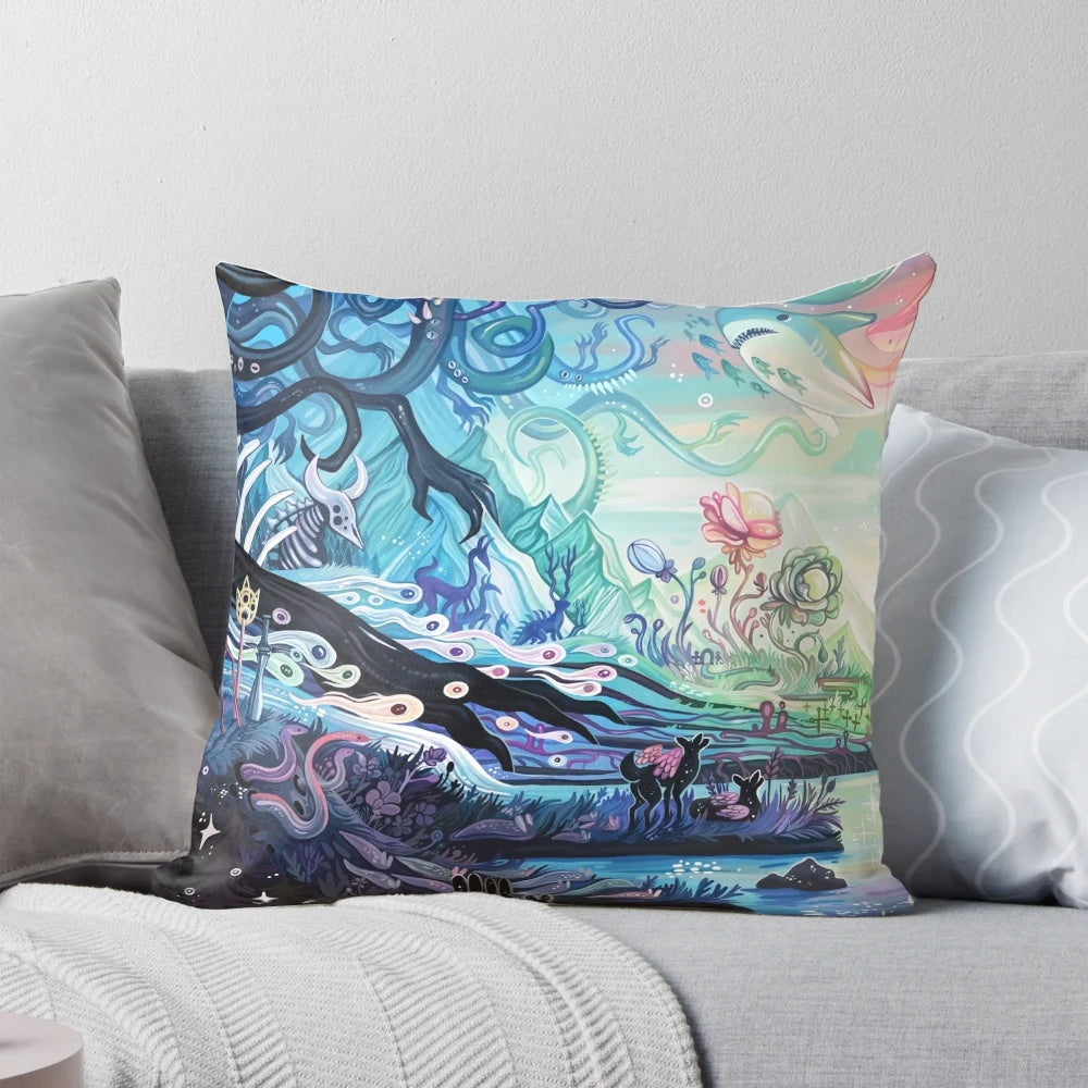 Vibrant and colorful pillow featuring a dreamy landscape with fantasy animals and nature elements.