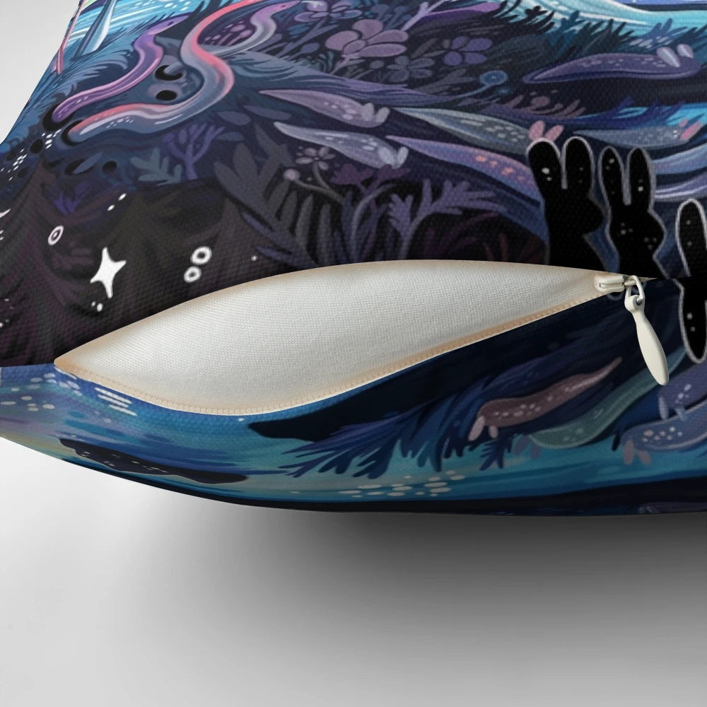 Vibrant and colorful pillow featuring a dreamy landscape with fantasy animals and nature elements.