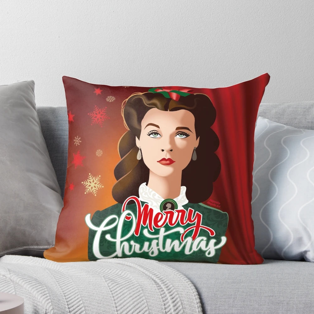 Vivid Scarlett O'Hara Christmas pillow featuring a graphic art design by Alejandro Mogolloart