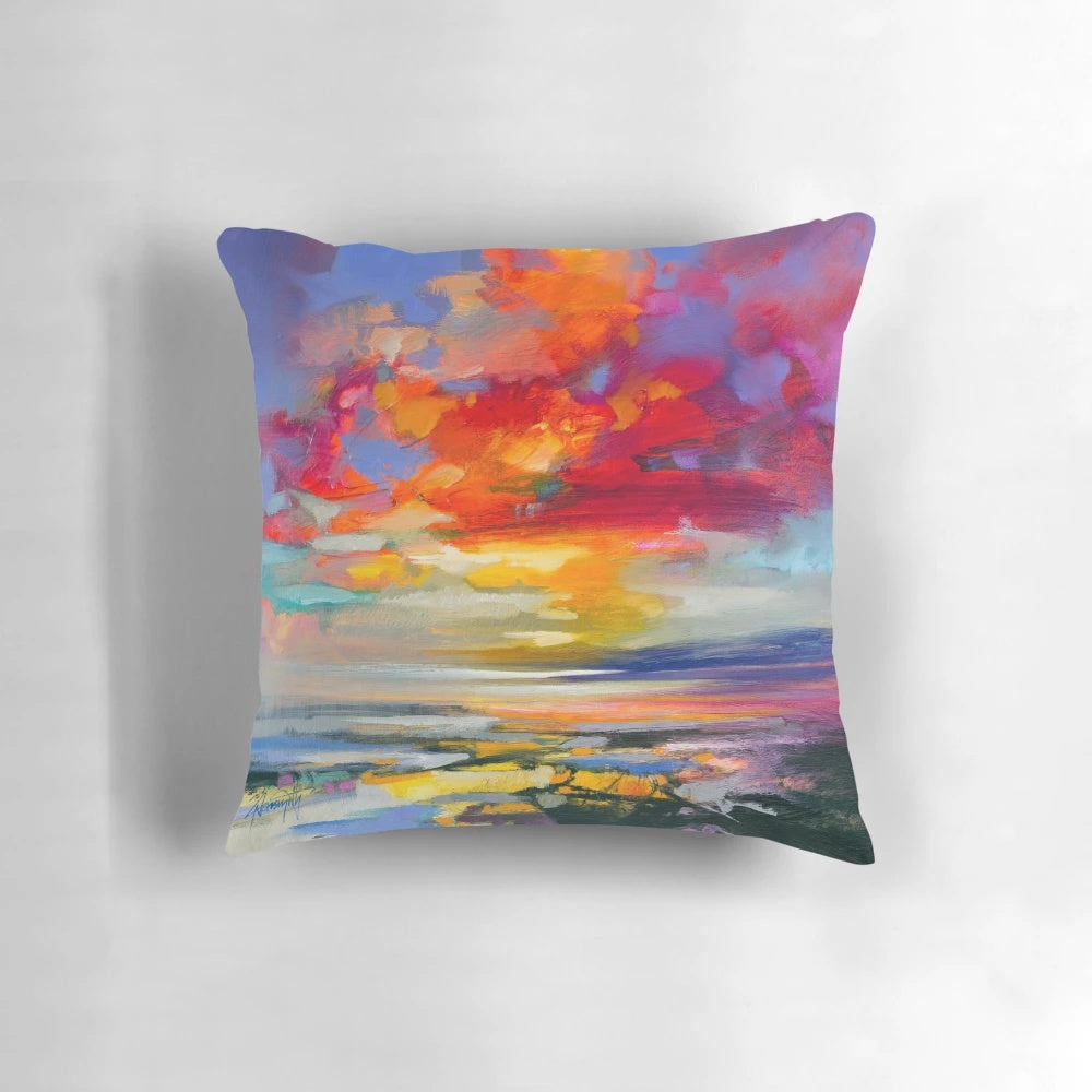 Vibrant abstract landscape pillow featuring the artwork of Scottish artist Scott Naismith