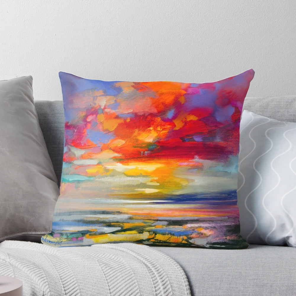 Vibrant abstract landscape pillow featuring the artwork of Scottish artist Scott Naismith