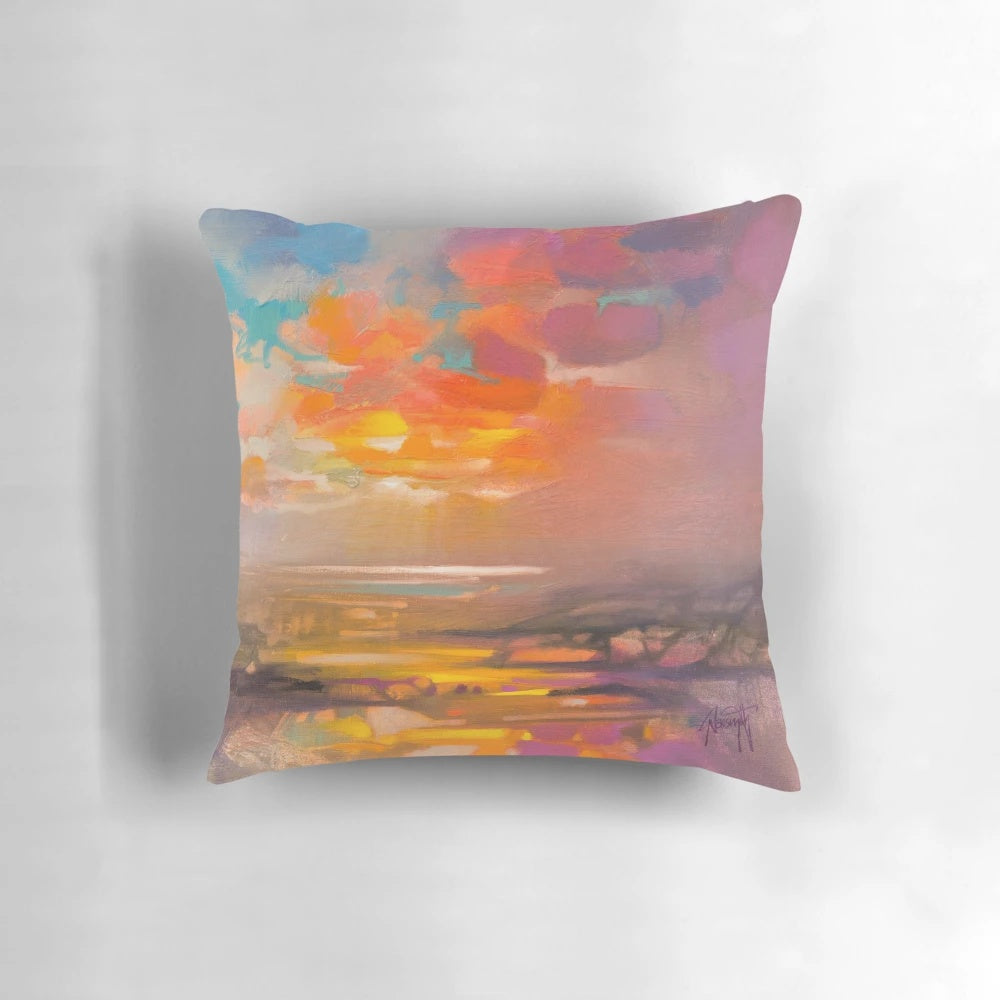 Colorful abstract landscape pillow design featuring the scenic Highlands and Islands of Scotland