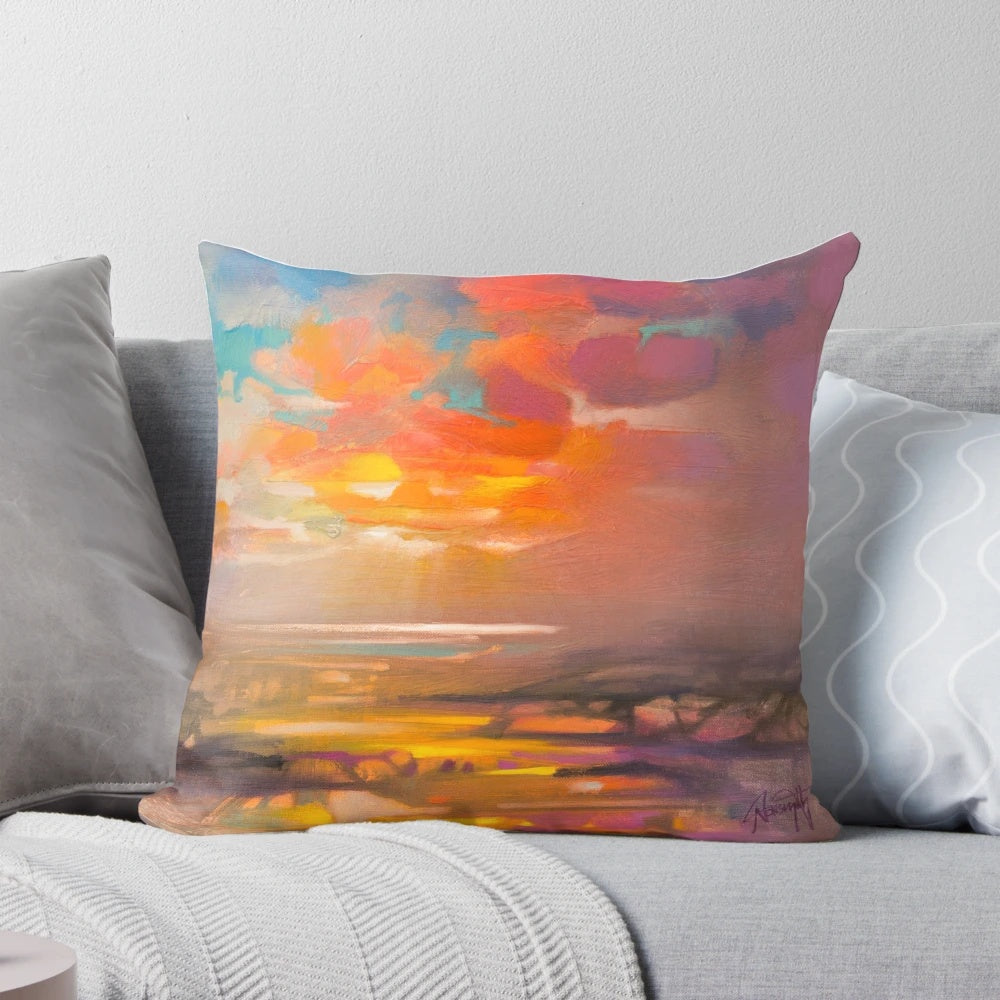 Colorful abstract landscape pillow design featuring the scenic Highlands and Islands of Scotland