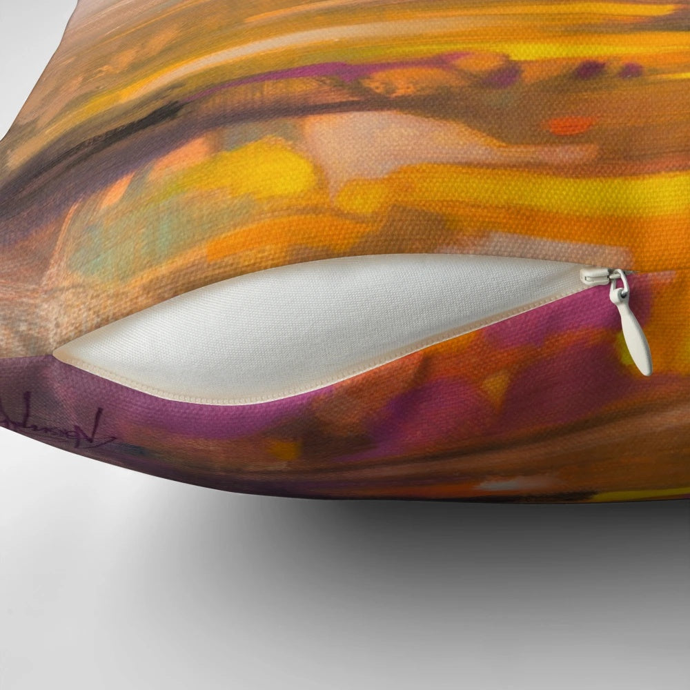 Colorful abstract landscape pillow design featuring the scenic Highlands and Islands of Scotland