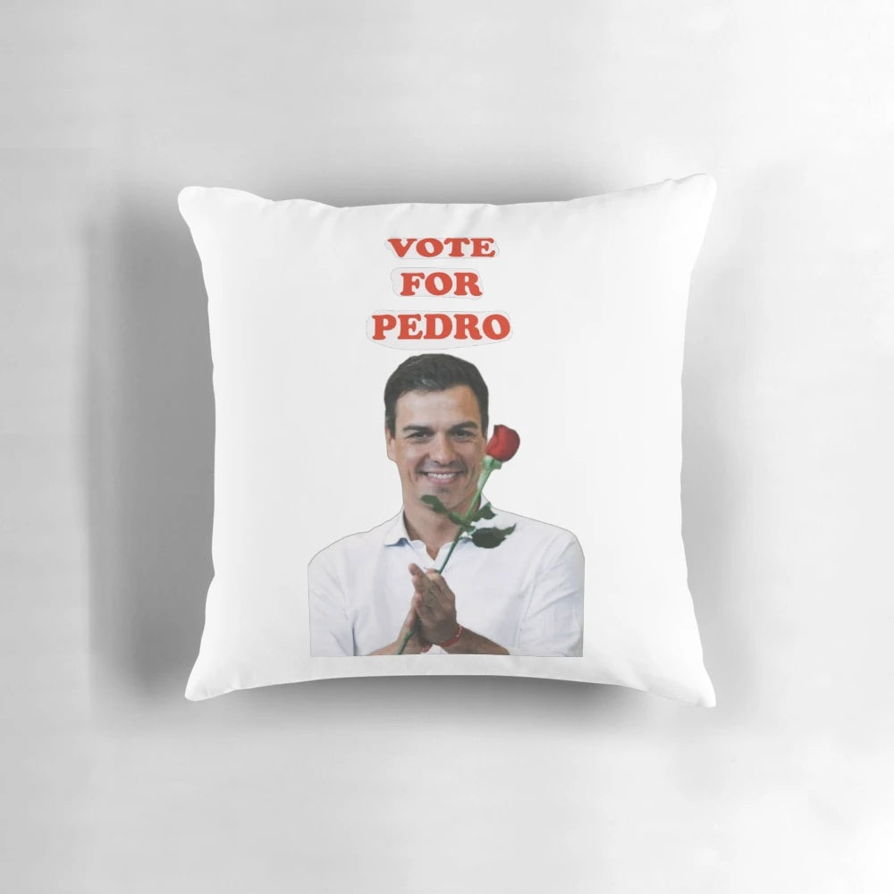 Soft, cozy pillow featuring an illustration of Spanish President Pedro Sánchez and his dog.