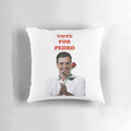 Soft, cozy pillow featuring an illustration of Spanish President Pedro Sánchez and his dog.