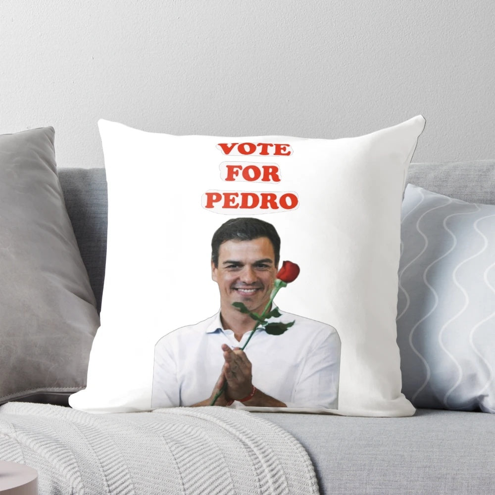 Soft, cozy pillow featuring an illustration of Spanish President Pedro Sánchez and his dog.
