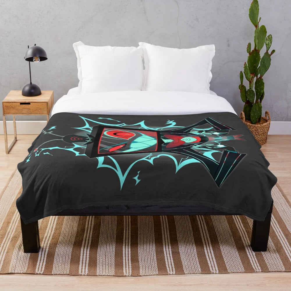 Vox inspired plush blanket with electric blue and demonic elements