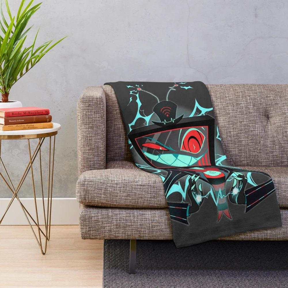Vox inspired plush blanket with electric blue and demonic elements