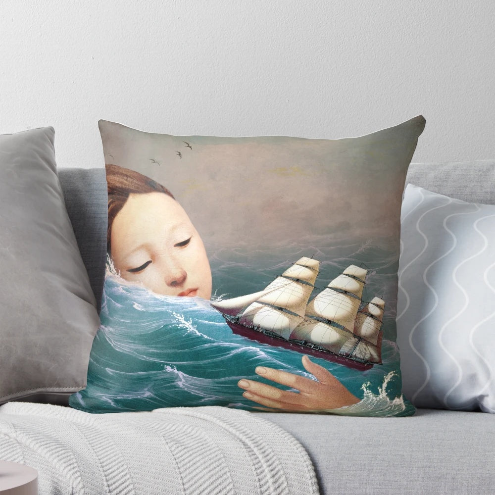 A surreal, fantasy-inspired pillow featuring a woman gazing out to sea, designed by artist Christian Schloe.