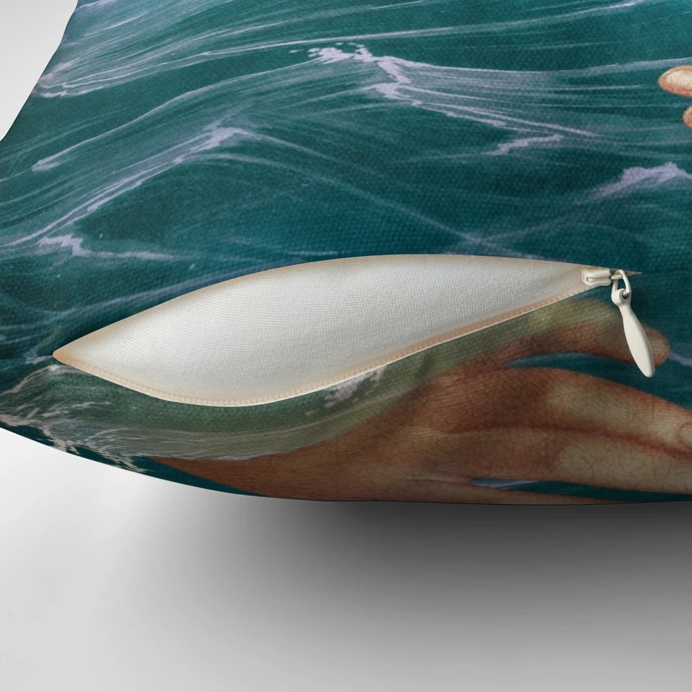 A surreal, fantasy-inspired pillow featuring a woman gazing out to sea, designed by artist Christian Schloe.
