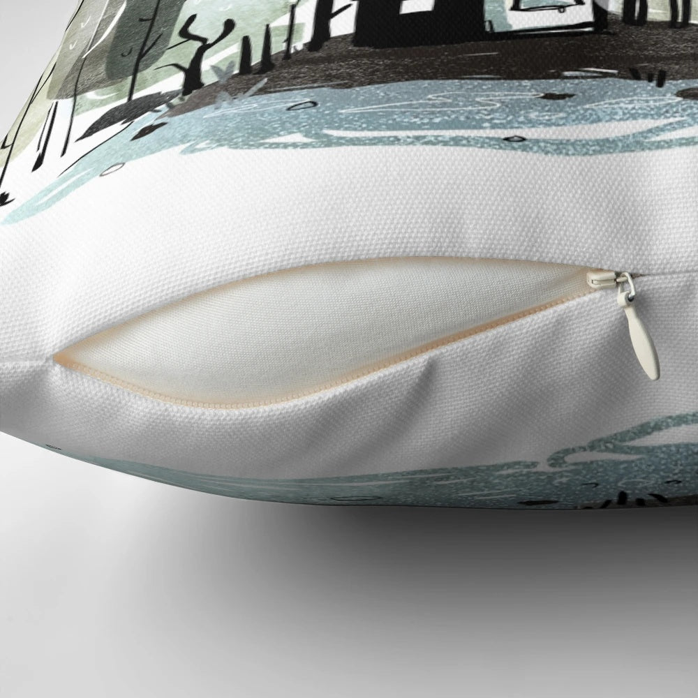 Walden-inspired pillow with nature motifs including forest, deer, and woods