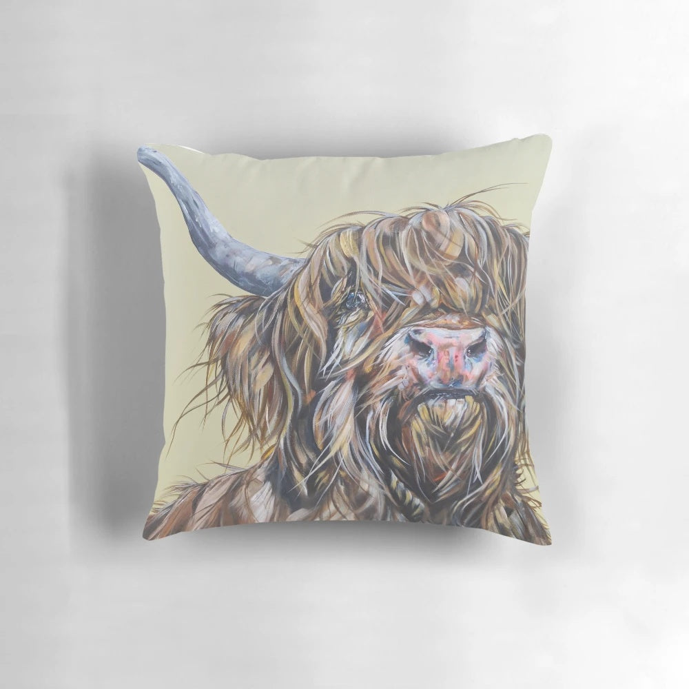 Decorative Pillow featuring a Humorous Highland Cow Illustration by Sam Fenner