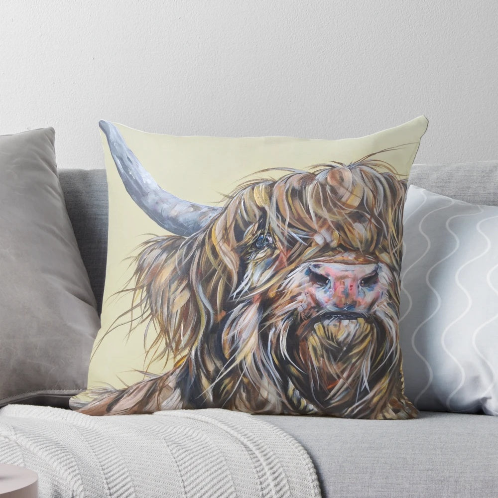 Decorative Pillow featuring a Humorous Highland Cow Illustration by Sam Fenner