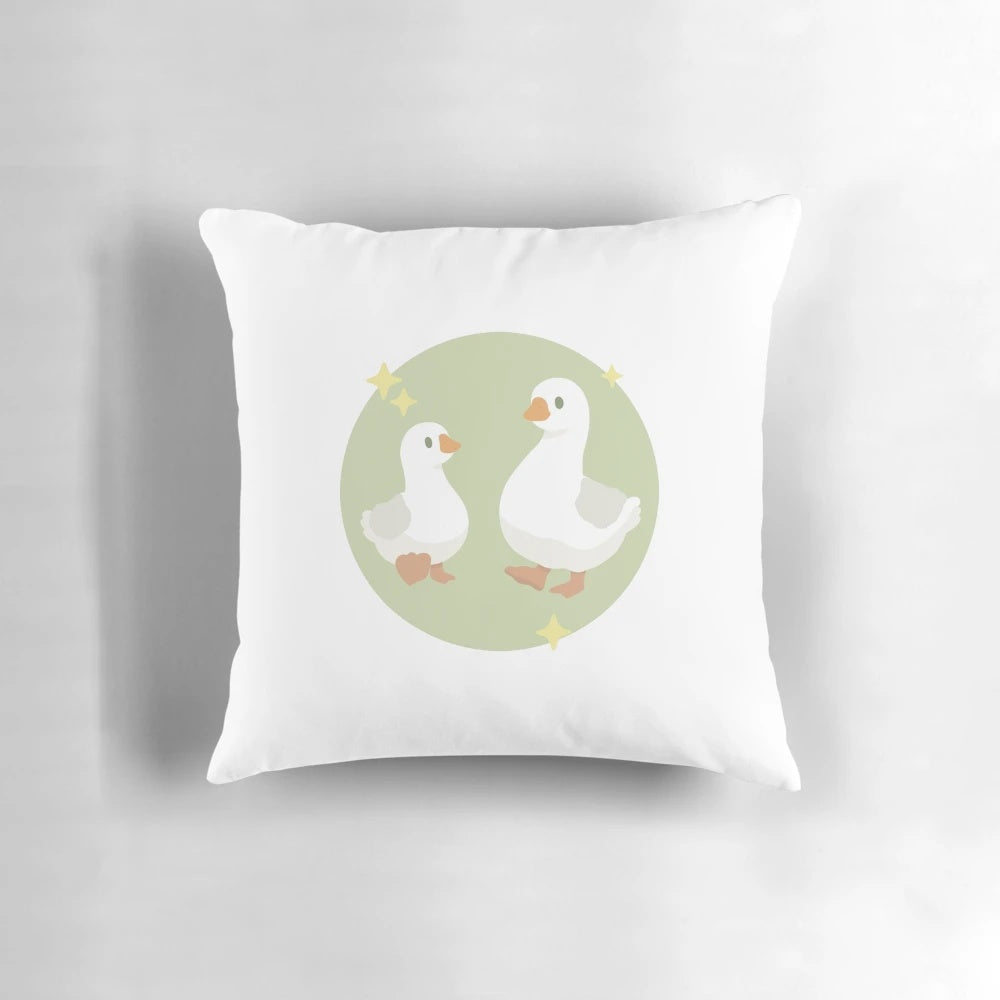 Two cute geese wandering on a plush pillow, creating a serene and whimsical farmhouse-inspired scene.