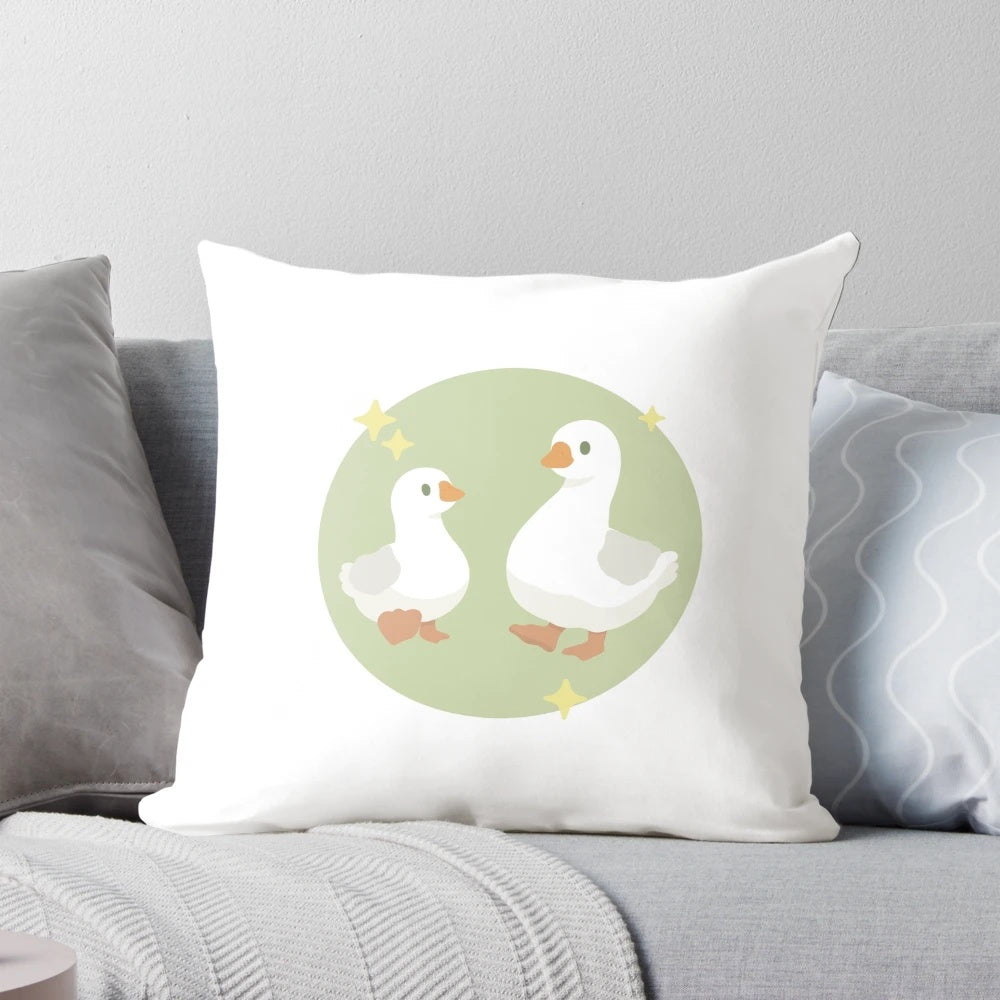 Two cute geese wandering on a plush pillow, creating a serene and whimsical farmhouse-inspired scene.