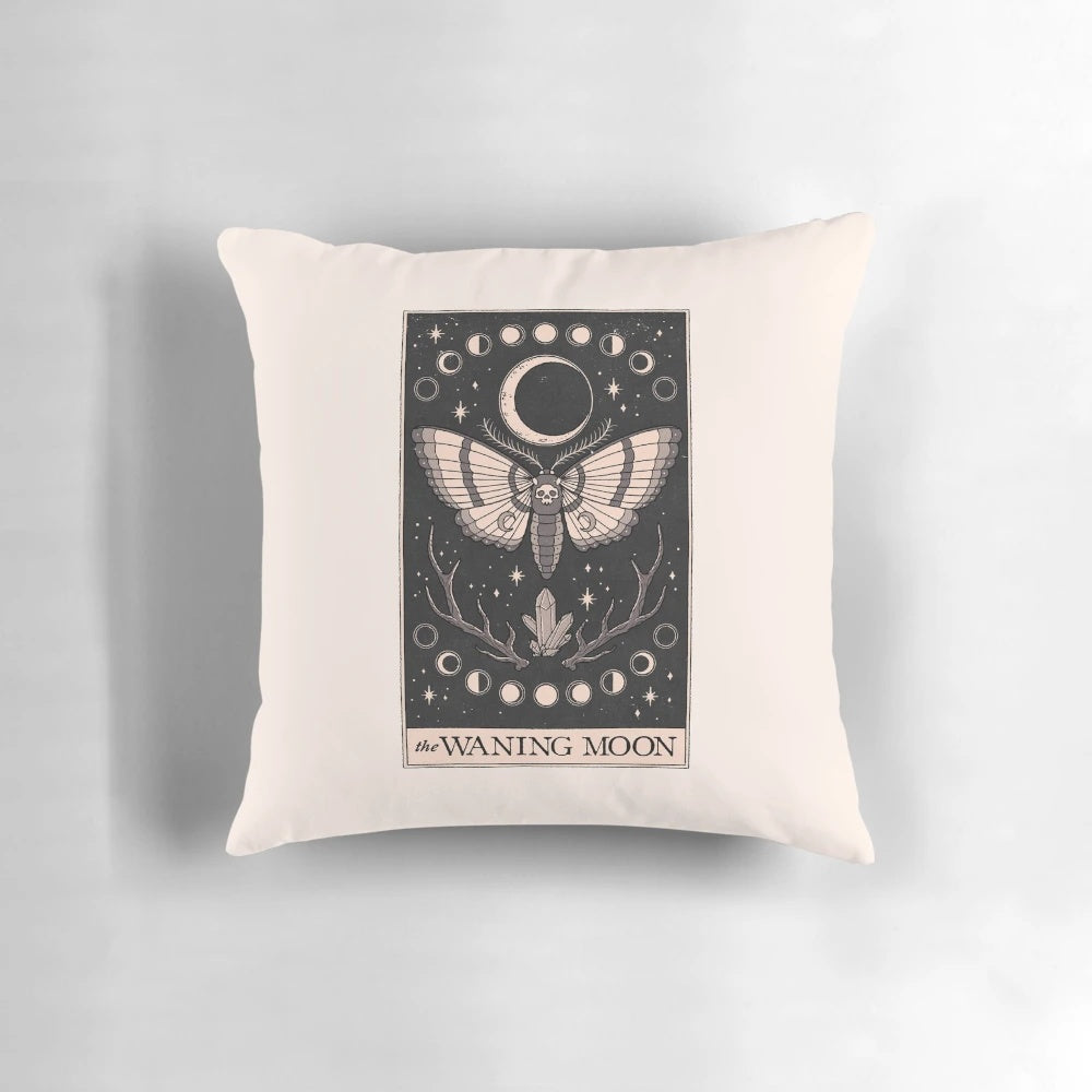 Waning moon-themed decorative throw pillow with mystical and occult design elements