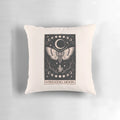 Waning moon-themed decorative throw pillow with mystical and occult design elements