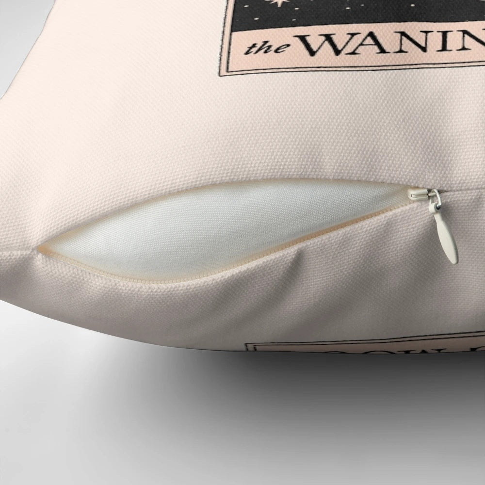Waning moon-themed decorative throw pillow with mystical and occult design elements
