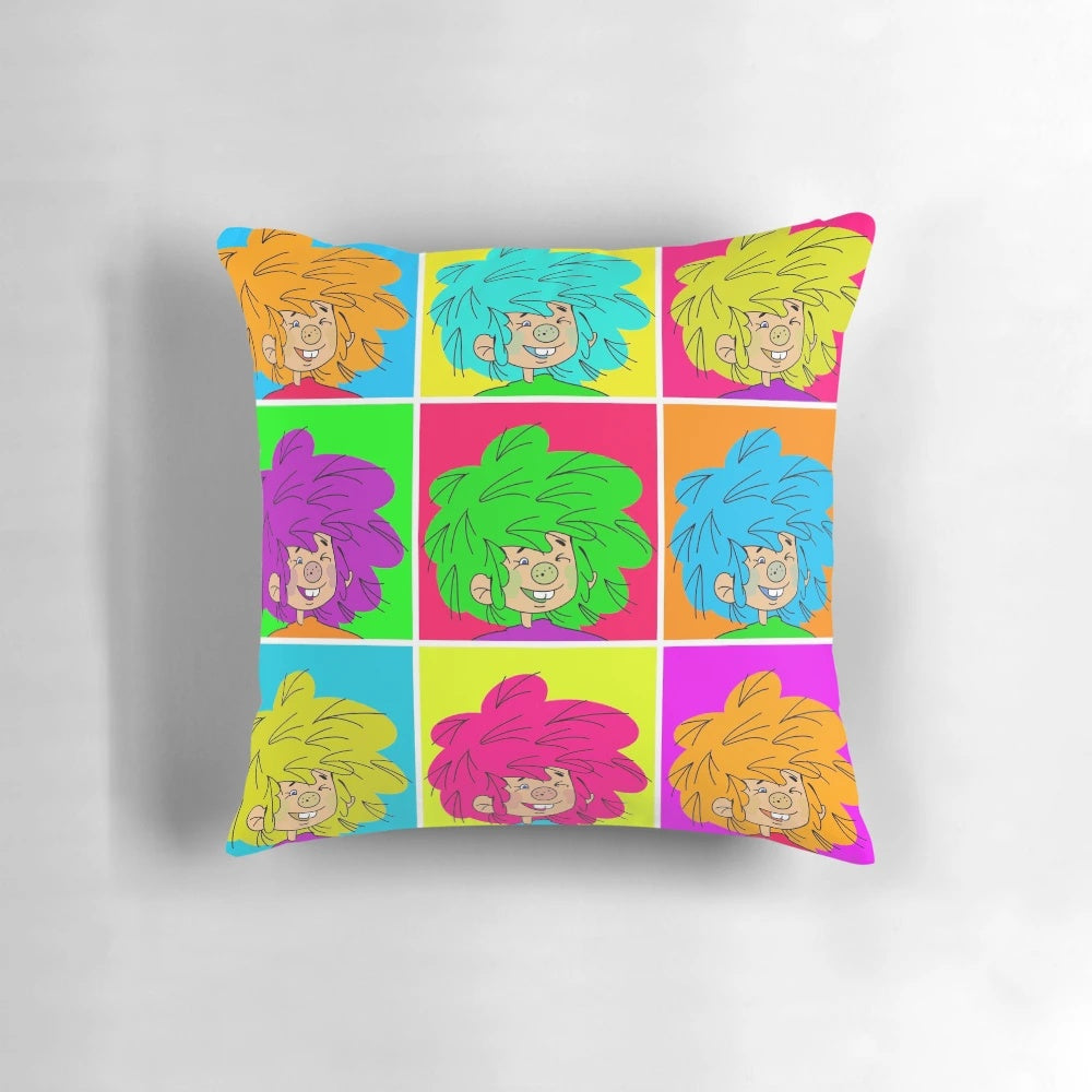 Colorful Pumuckl pillow with a Warhol-inspired pop art design