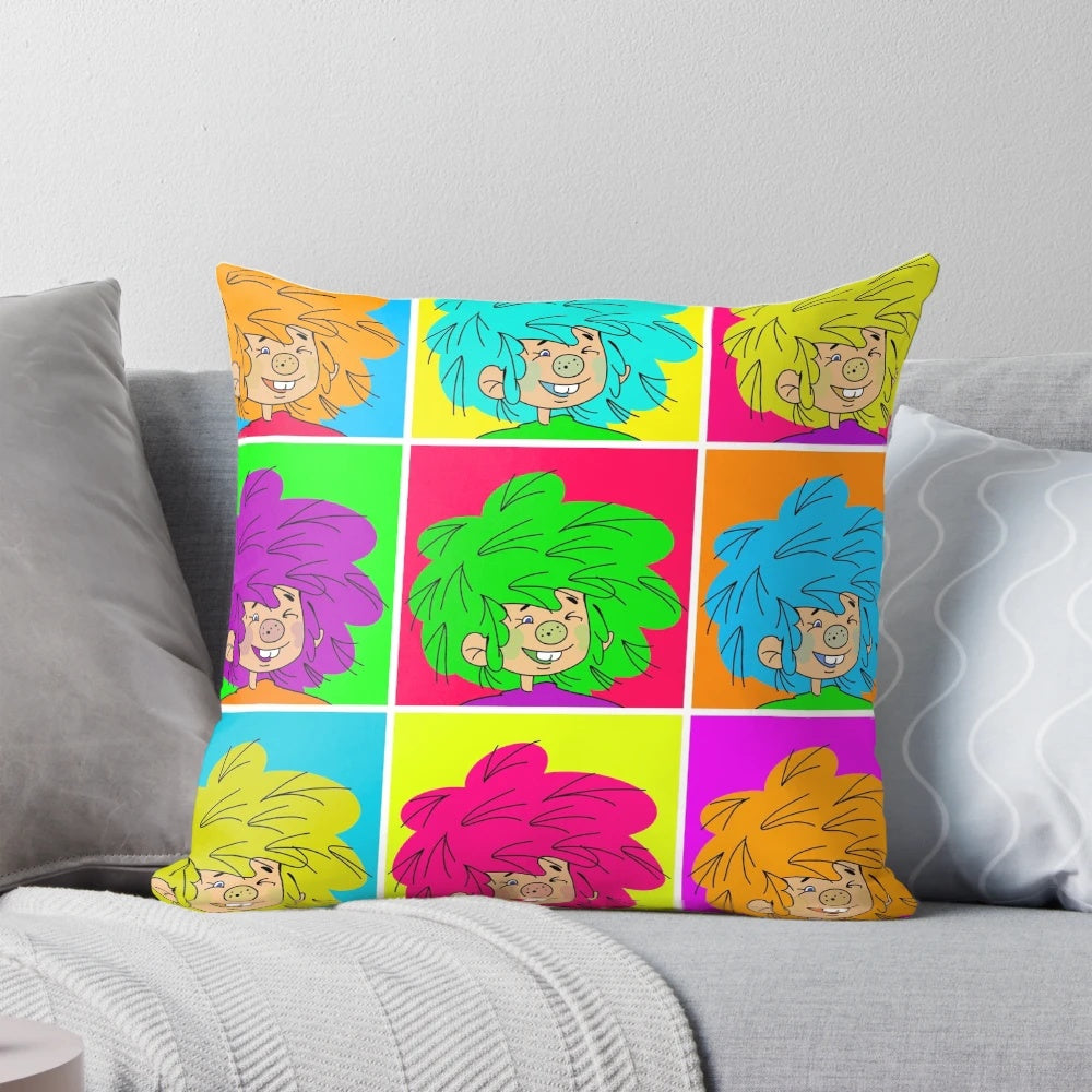 Colorful Pumuckl pillow with a Warhol-inspired pop art design