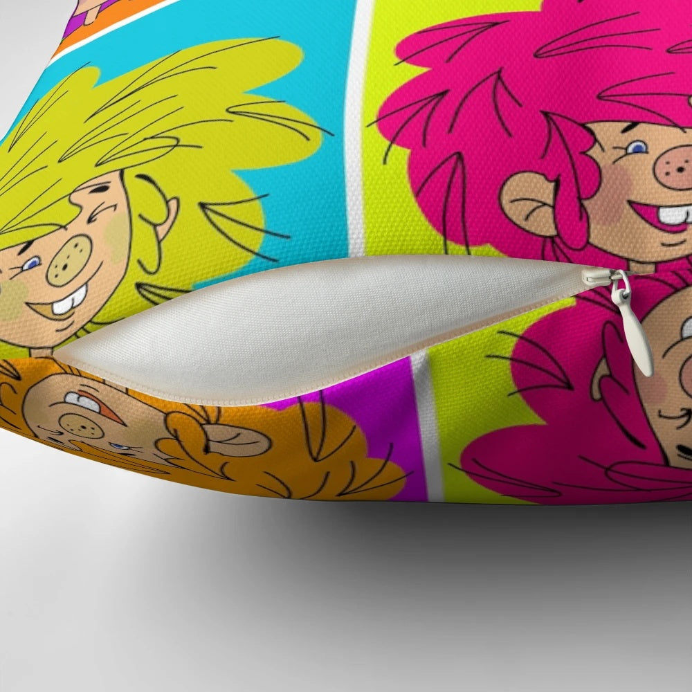 Colorful Pumuckl pillow with a Warhol-inspired pop art design