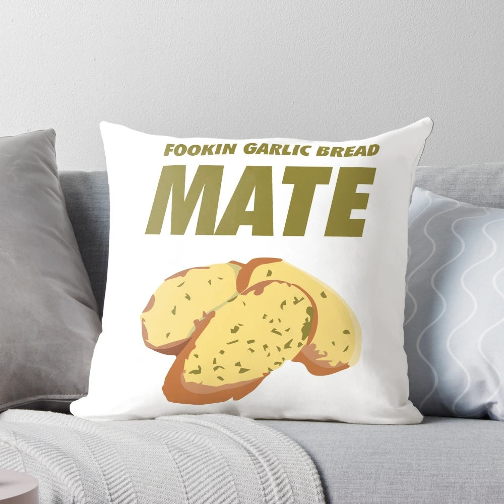 Soft and plush garlic bread-themed pillow, perfect for adding a touch of humor and comfort to any room.