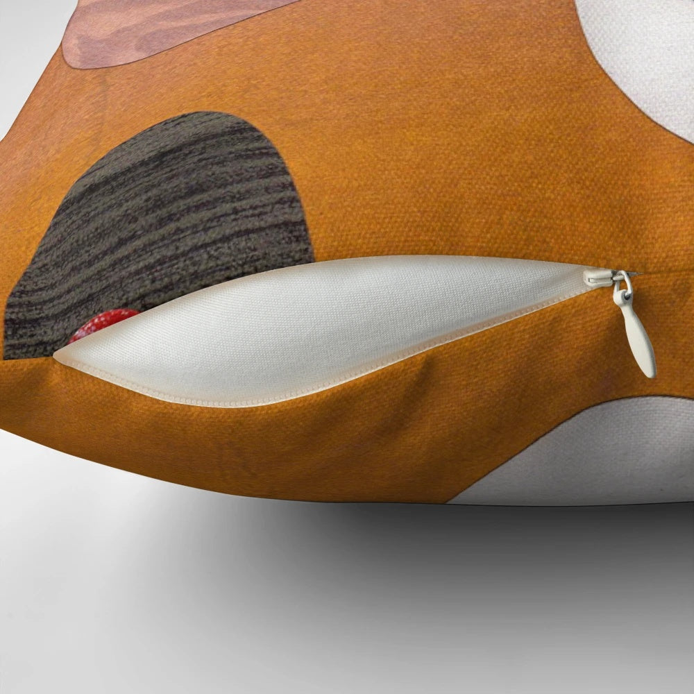 Warm, rich-colored abstract retro-style painting collage design on a throw pillow.