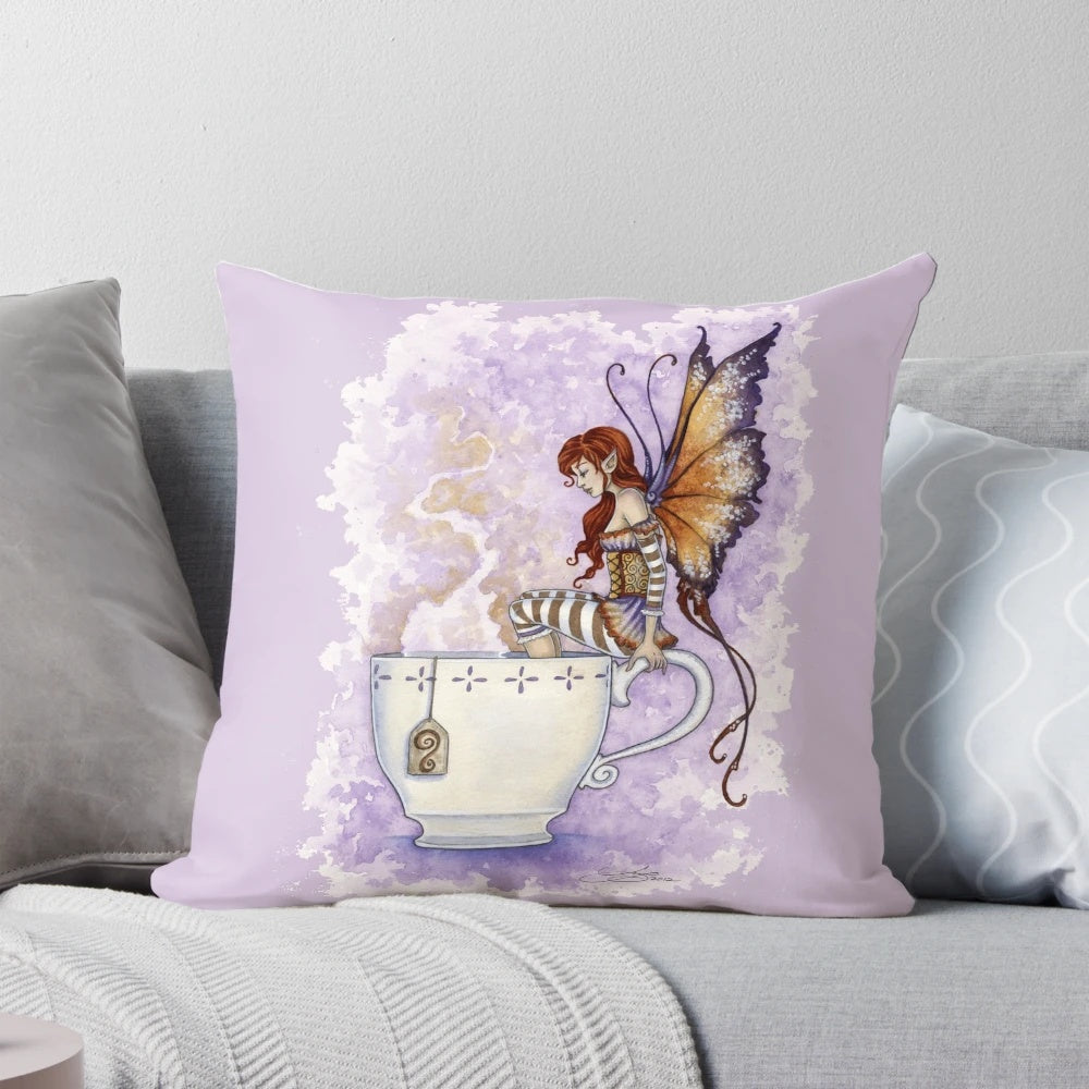 Warm Toes Tea Faery Pillow featuring a whimsical fairy design by artist Amy Brown