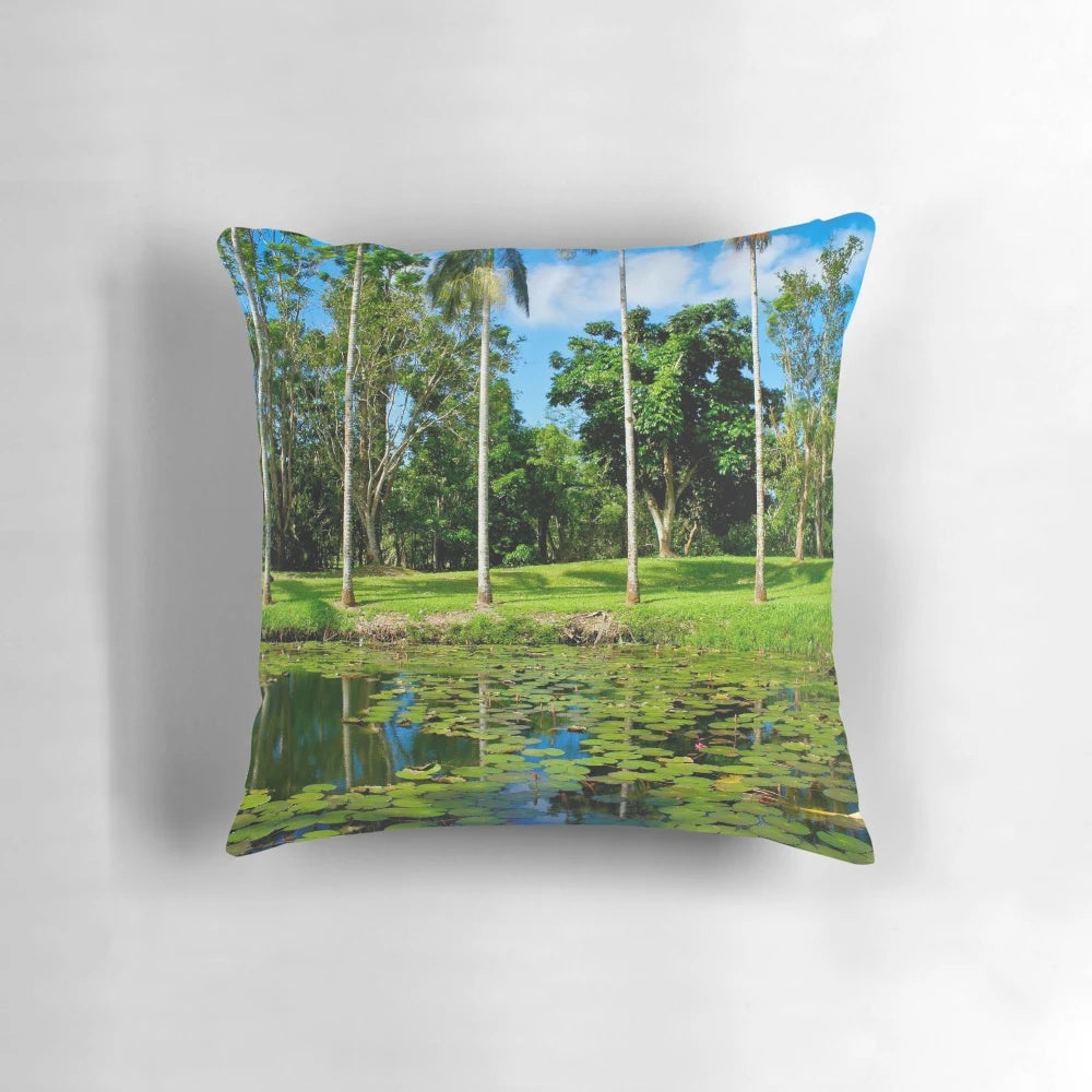 Warrina Lakes in Innisfail, North Queensland - Serene tropical landscape printed on a decorative pillow