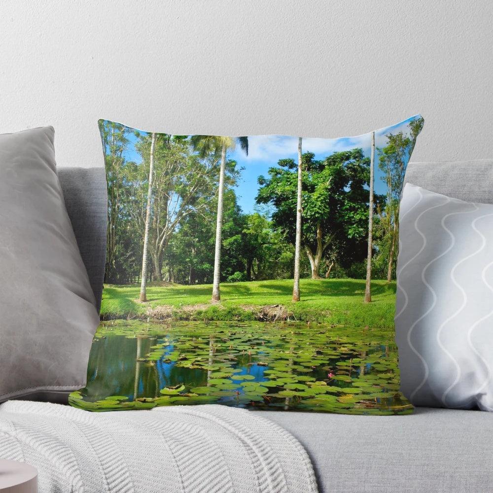 Warrina Lakes in Innisfail, North Queensland - Serene tropical landscape printed on a decorative pillow